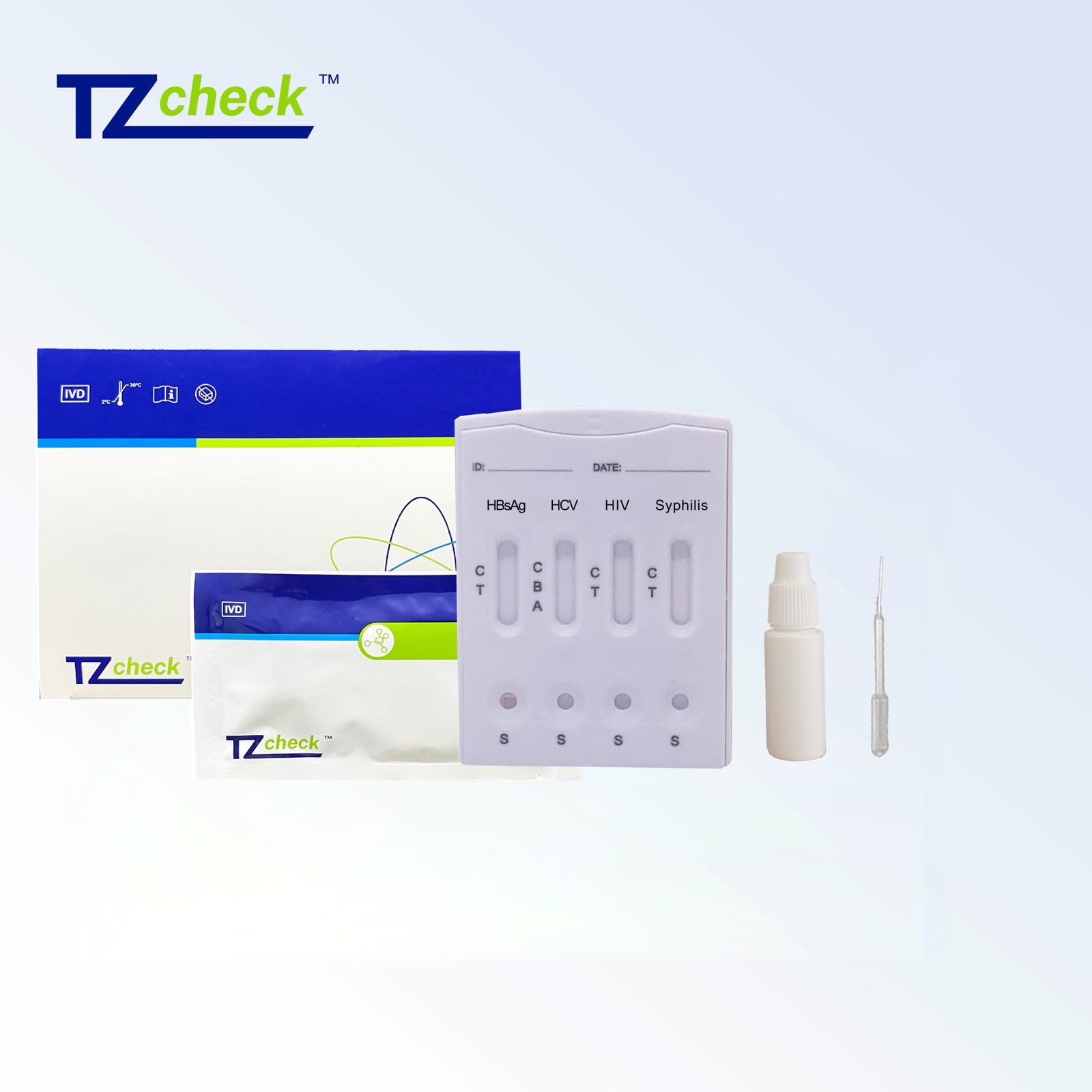 Комбінований експрес-тест на HBsAg (поверхневий антиген гепатиту В) Вірус гепатиту С (HCV),ВІЛ(HIV),сифіліс (цільна кров, сироватка, плазма) (Tzcheck I108-4045)